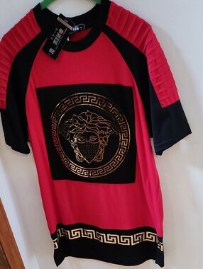 Men's Red and Black Graphic Tee with Gold Medallion